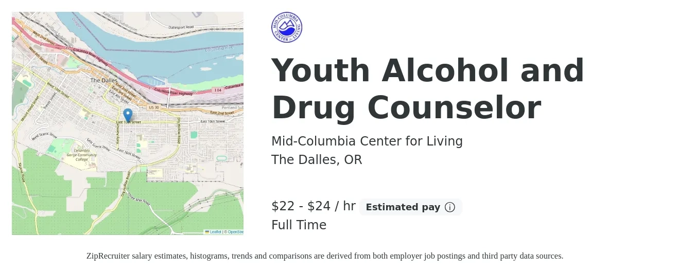 Mid-Columbia Center for Living job posting for a Youth Alcohol and Drug Counselor in The Dalles, OR with a salary of $23 to $26 Hourly with a map of The Dalles location.