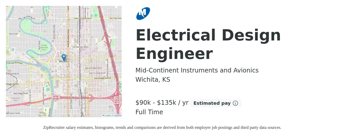 Mid-Continent Instruments and Avionics job posting for a Electrical Design Engineer in Wichita, KS with a salary of $90,000 to $135,000 Yearly with a map of Wichita location.