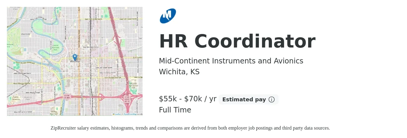 Mid-Continent Instruments and Avionics job posting for a HR Coordinator in Wichita, KS with a salary of $55,000 to $70,000 Yearly with a map of Wichita location.