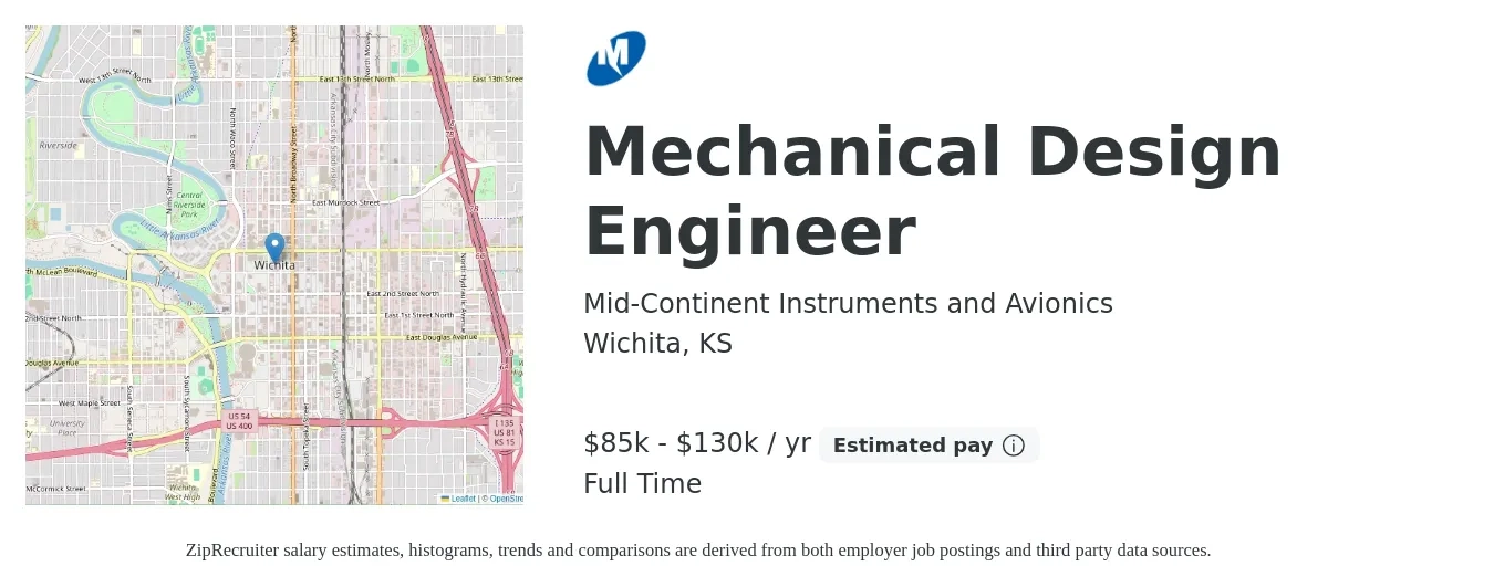 Mid-Continent Instruments and Avionics job posting for a Mechanical Design Engineer in Wichita, KS with a salary of $85,000 to $130,000 Yearly with a map of Wichita location.