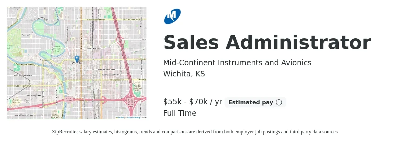 Mid-Continent Instruments and Avionics job posting for a Sales Administrator in Wichita, KS with a salary of $55,000 to $70,000 Yearly with a map of Wichita location.