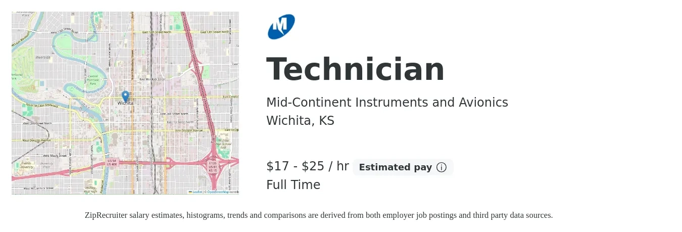 Mid-Continent Instruments and Avionics job posting for a Technician in Wichita, KS with a salary of $18 to $26 Hourly with a map of Wichita location.