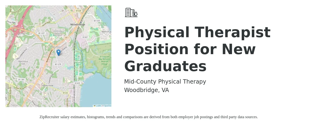 MID-COUNTY PHYSICAL THERAPY job posting for a Physical Therapist Position for New Graduates in Woodbridge, VA with a salary of $1,640 to $2,130 Weekly with a map of Woodbridge location.