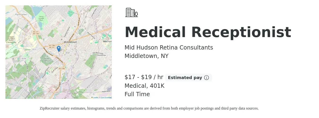 Mid Hudson Retina Consultants job posting for a Medical Receptionist in Middletown, NY with a salary of $18 to $20 Hourly and benefits including medical, and 401k with a map of Middletown location.