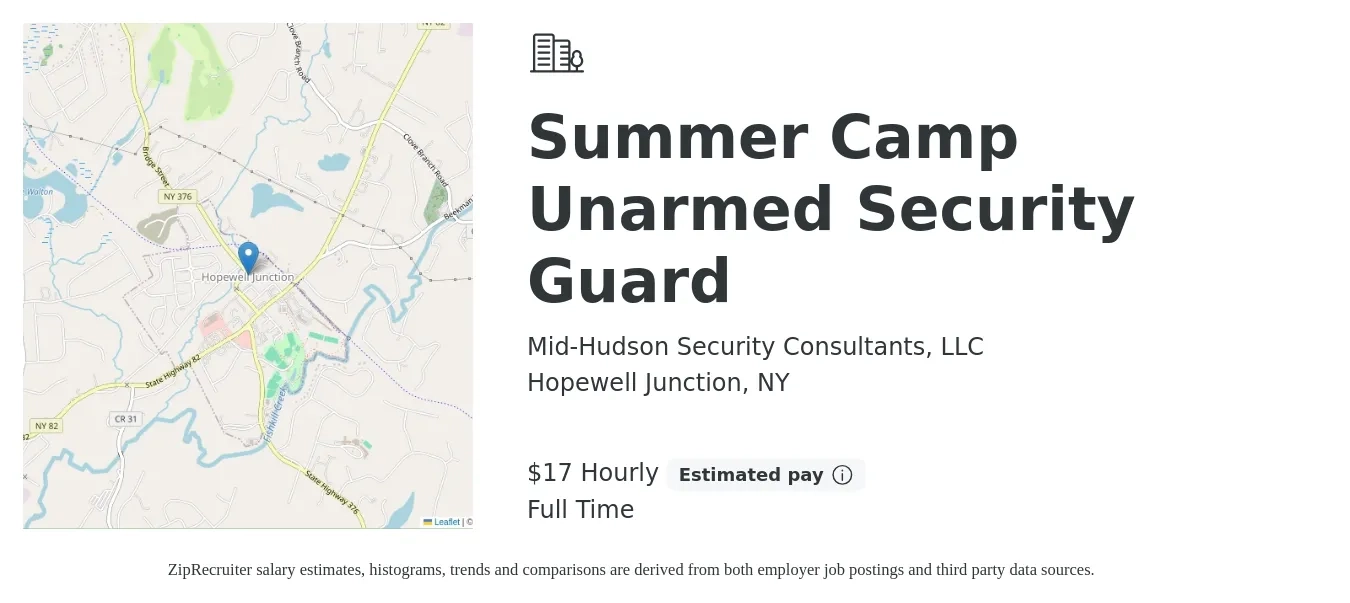 Mid-Hudson Security Consultants, LLC job posting for a Summer Camp Unarmed Security Guard in Hopewell Junction, NY with a salary of $18 Hourly with a map of Hopewell Junction location.