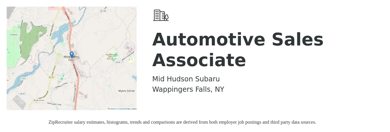 Mid Hudson Subaru job posting for a Automotive Sales Associate in Wappingers Falls, NY with a salary of $16 to $26 Hourly with a map of Wappingers Falls location.
