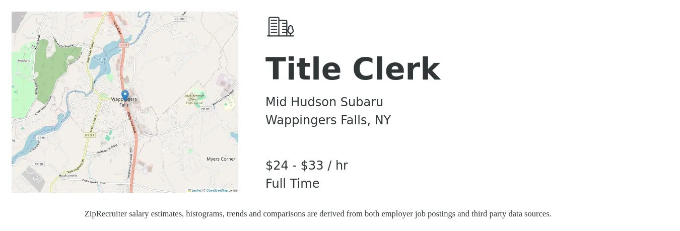 Mid Hudson Subaru job posting for a Title Clerk in Wappingers Falls, NY with a salary of $16 to $20 Hourly with a map of Wappingers Falls location.