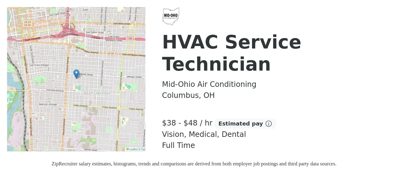 Mid-Ohio Air Conditioning job posting for a HVAC Service Technician in Columbus, OH with a salary of $40 to $50 Hourly and benefits including life_insurance, medical, pto, retirement, vision, and dental with a map of Columbus location.