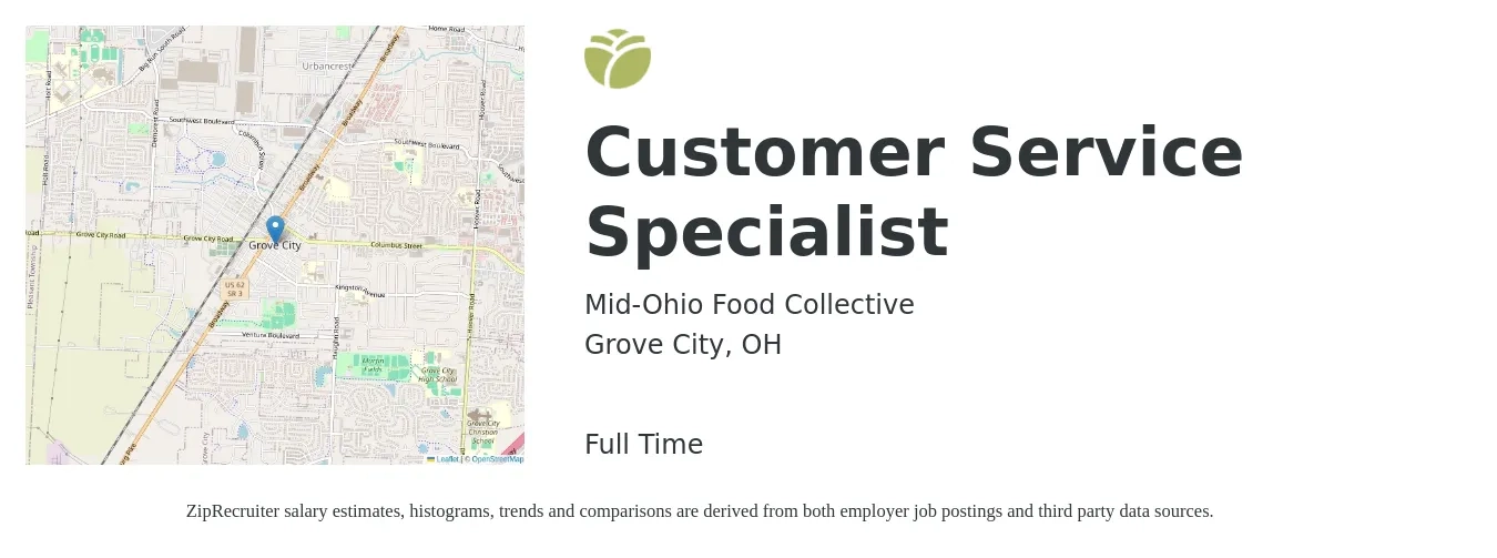 Mid-Ohio Food Collective job posting for a Customer Service Specialist in Grove City, OH with a salary of $20 Hourly with a map of Grove City location.