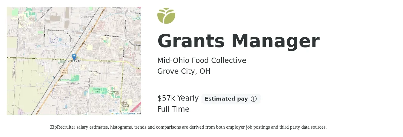 Mid-Ohio Food Collective job posting for a Grants Manager in Grove City, OH with a salary of $57,700 Yearly with a map of Grove City location.