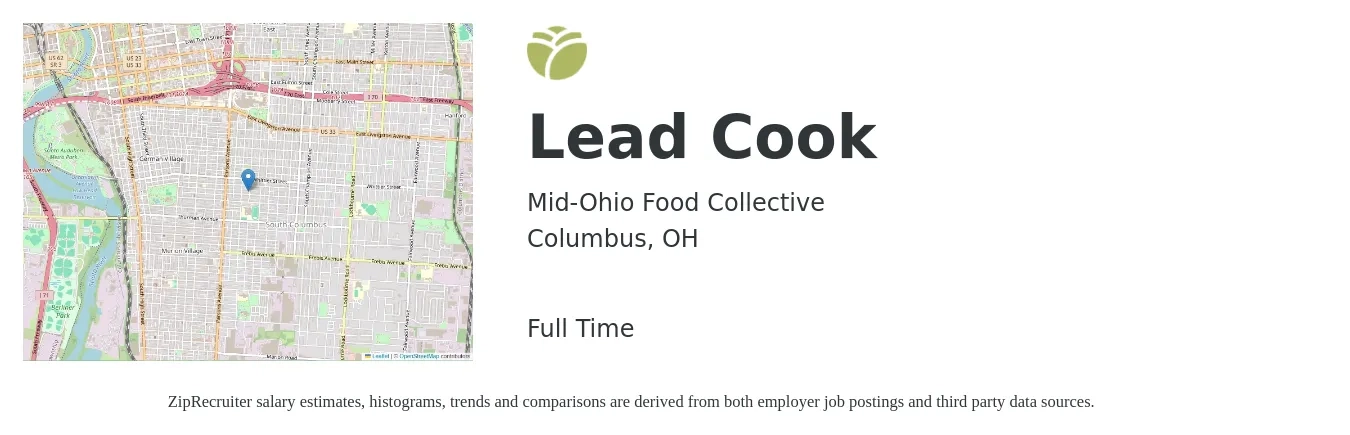 Mid-Ohio Food Collective job posting for a Lead Cook in Columbus, OH with a salary of $20 Hourly with a map of Columbus location.