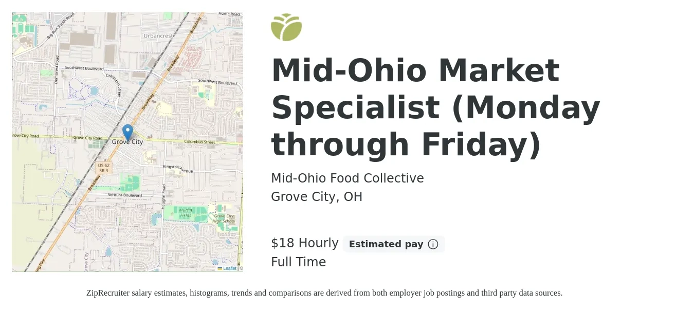 Mid-Ohio Food Collective job posting for a Mid-Ohio Market Specialist (Monday through Friday) in Grove City, OH with a salary of $19 Hourly with a map of Grove City location.