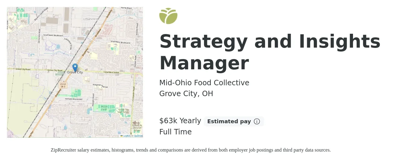 Mid-Ohio Food Collective job posting for a Strategy and Insights Manager in Grove City, OH with a salary of $63,500 Yearly with a map of Grove City location.