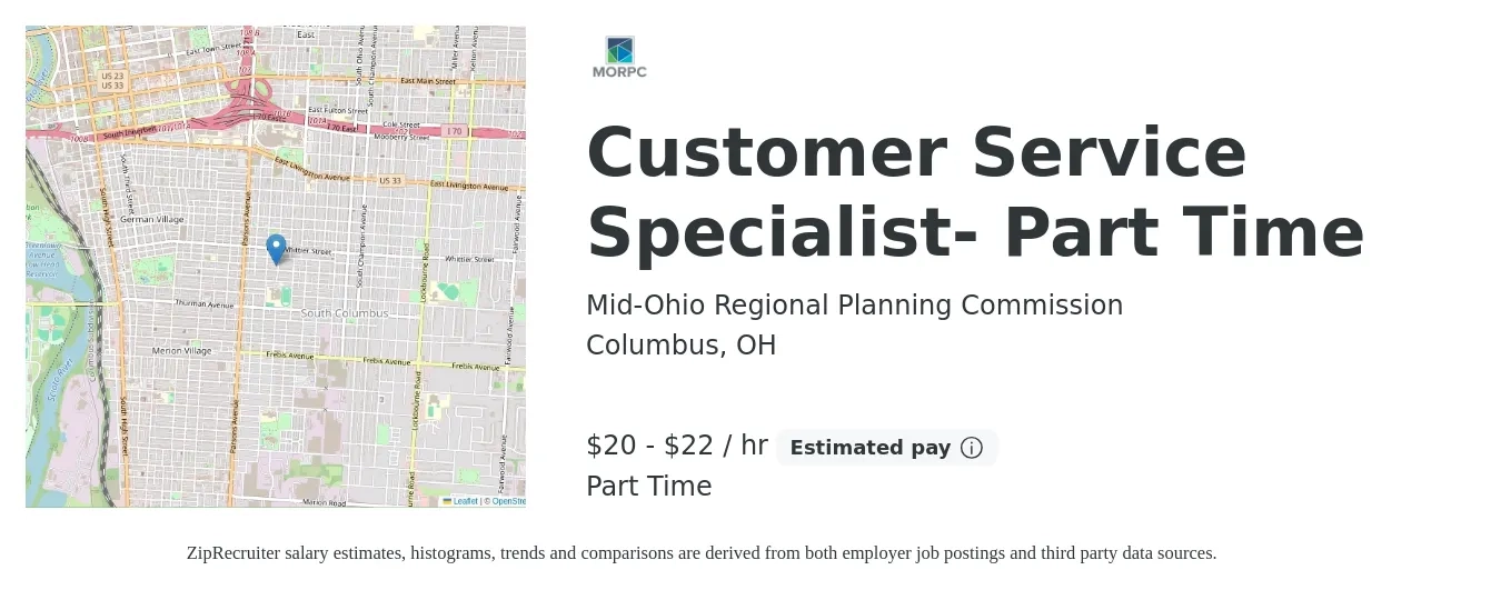Mid-Ohio Regional Planning Commission job posting for a Customer Service Specialist- Part Time in Columbus, OH with a salary of $22 to $23 Hourly with a map of Columbus location.