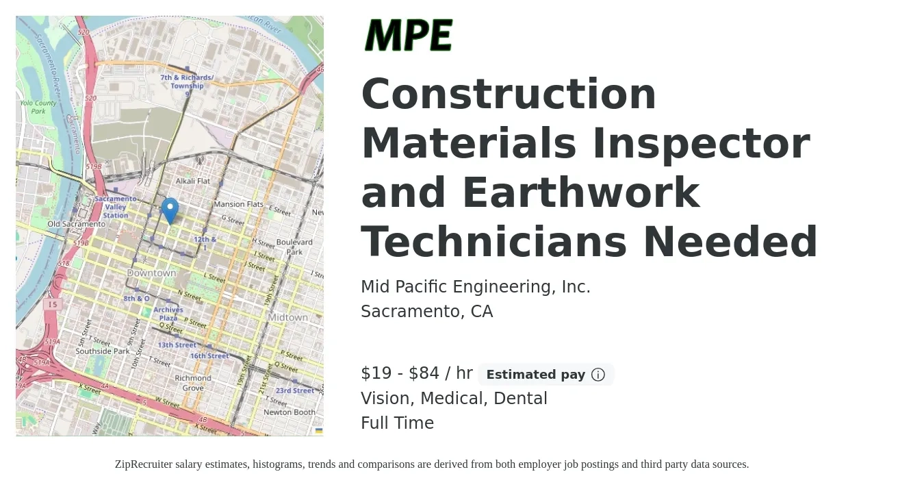 Mid Pacific Engineering, Inc. job posting for a Construction Materials Inspector and Earthwork Technicians Needed in Sacramento, CA with a salary of $20 to $88 Hourly and benefits including medical, pto, retirement, vision, dental, and life_insurance with a map of Sacramento location.
