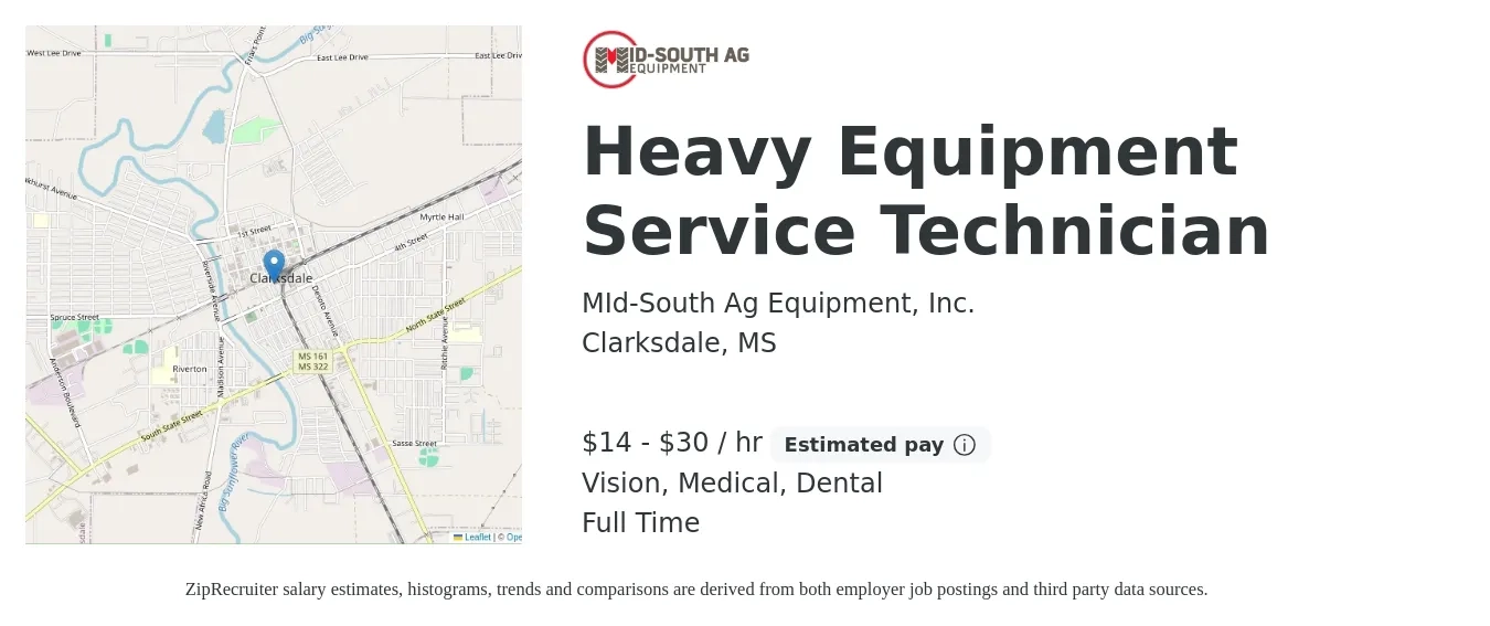 MId-South Ag Equipment, Inc. job posting for a Heavy Equipment Service Technician in Clarksdale, MS with a salary of $15 to $32 Hourly (plus commission) and benefits including dental, life_insurance, medical, pto, retirement, and vision with a map of Clarksdale location.