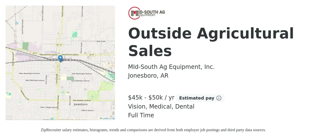 MId-South Ag Equipment, Inc. job posting for a Outside Agricultural Sales in Jonesboro, AR with a salary of $45,000 to $50,000 Yearly (plus commission) and benefits including life_insurance, medical, pto, retirement, vision, and dental with a map of Jonesboro location.