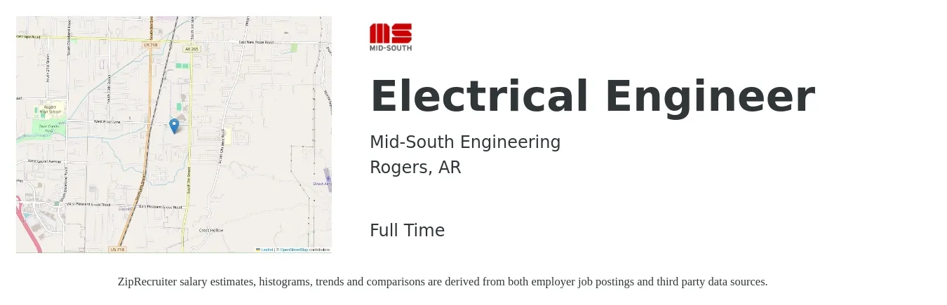 Mid-South Engineering job posting for a Electrical Engineer in Rogers, AR with a salary of $77,700 to $123,600 Yearly with a map of Rogers location.