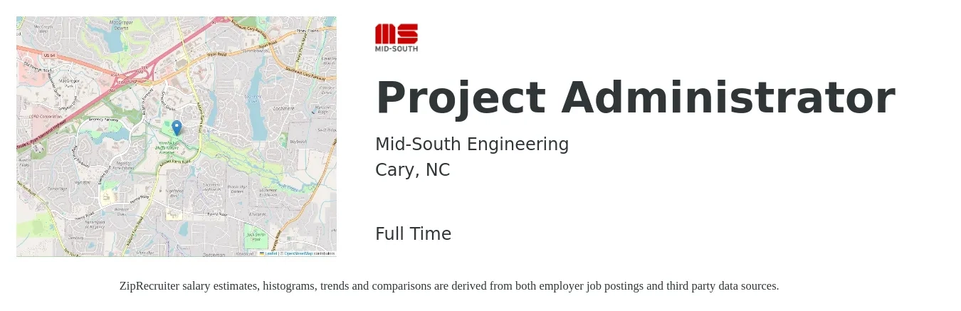 Mid-South Engineering job posting for a Project Administrator in Cary, NC with a salary of $20 to $30 Hourly with a map of Cary location.