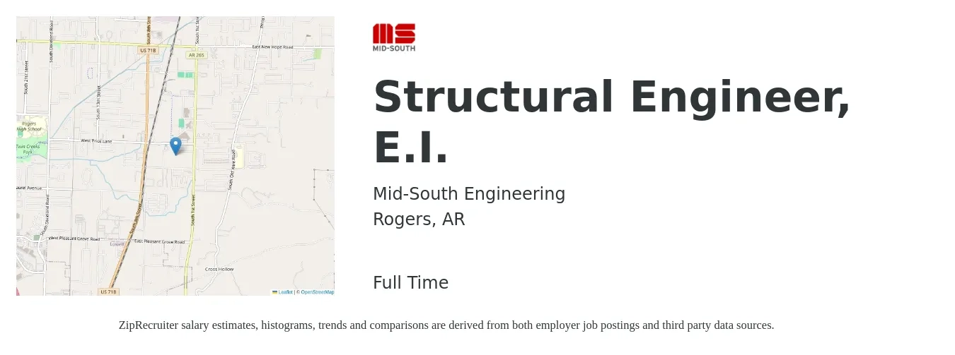 Mid-South Engineering job posting for a Structural Engineer, E.I. in Rogers, AR with a salary of $77,000 to $93,000 Yearly with a map of Rogers location.