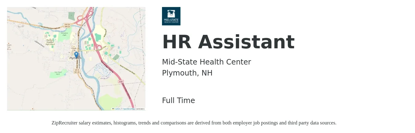 Mid-State Health Center job posting for a HR Assistant in Plymouth, NH with a salary of $38,800 to $49,700 Yearly with a map of Plymouth location.