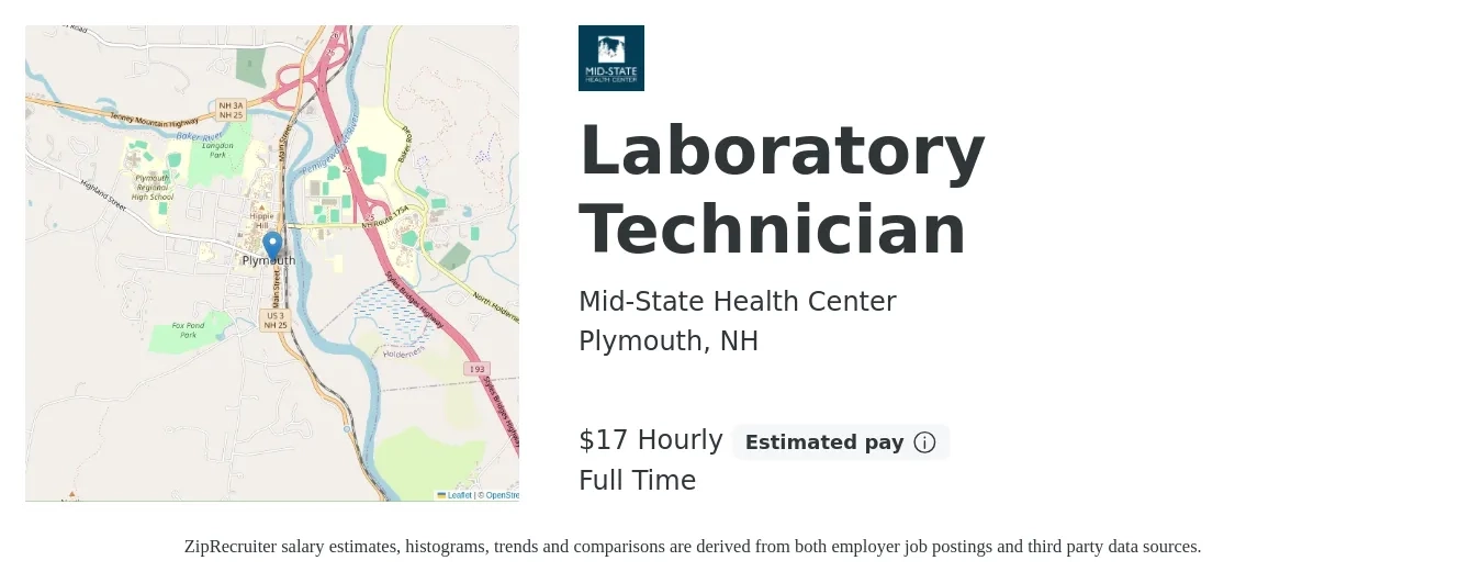 Mid-State Health Center job posting for a Laboratory Technician in Plymouth, NH with a salary of $18 Hourly with a map of Plymouth location.