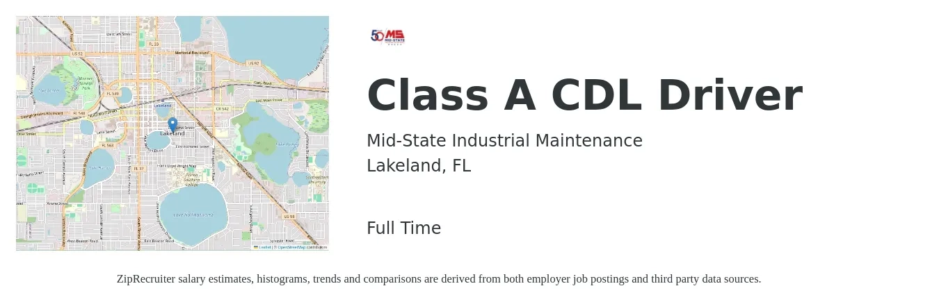Mid-State Industrial Maintenance job posting for a Class A CDL Driver in Lakeland, FL with a salary of $23 to $40 Hourly with a map of Lakeland location.
