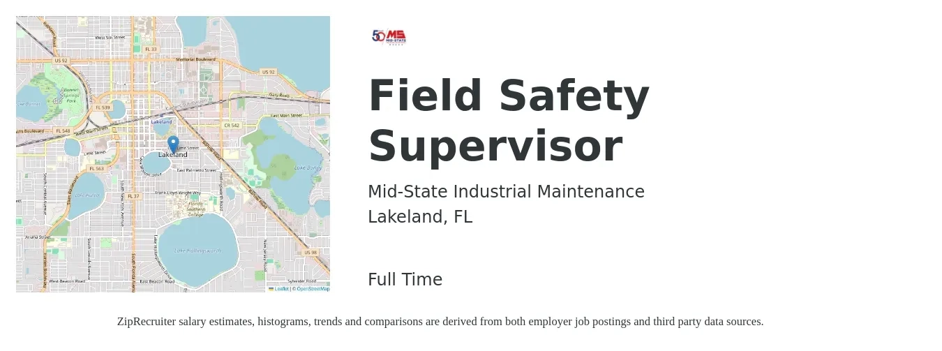 Mid-State Industrial Maintenance job posting for a Field Safety Supervisor in Lakeland, FL with a salary of $20 to $35 Hourly with a map of Lakeland location.
