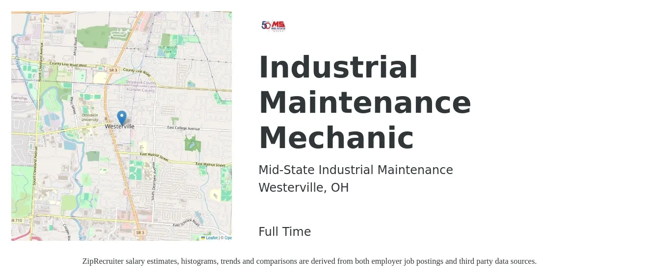 Mid-State Industrial Maintenance job posting for a Industrial Maintenance Mechanic in Westerville, OH with a salary of $25 to $31 Hourly with a map of Westerville location.