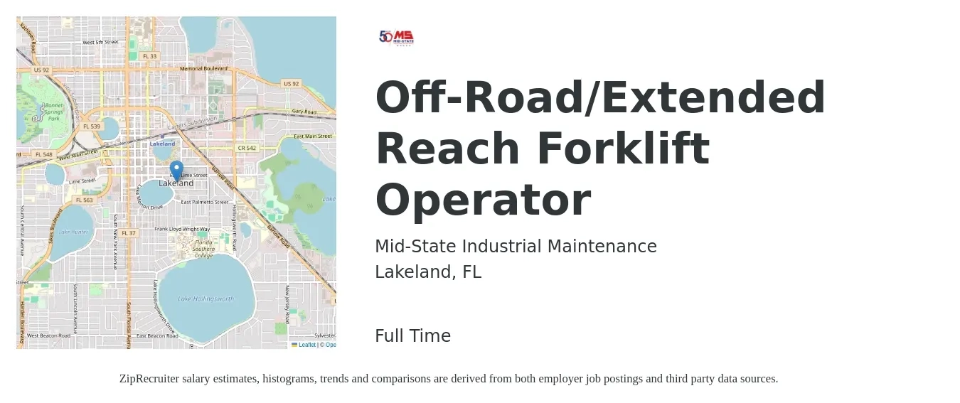 Mid-State Industrial Maintenance job posting for a Off-Road/Extended Reach Forklift Operator in Lakeland, FL with a salary of $16 to $18 Hourly with a map of Lakeland location.