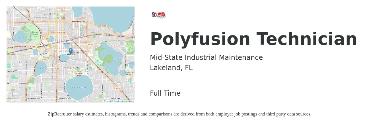 Mid-State Industrial Maintenance job posting for a Polyfusion Technician in Lakeland, FL with a salary of $18 to $25 Hourly with a map of Lakeland location.