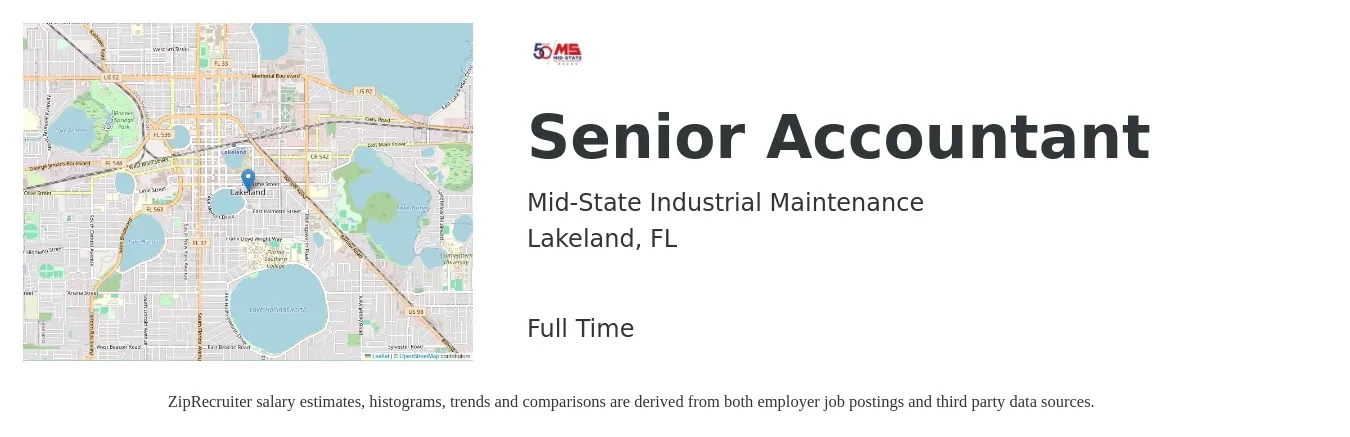 Mid-State Industrial Maintenance job posting for a Senior Accountant in Lakeland, FL with a salary of $68,500 to $86,100 Yearly with a map of Lakeland location.