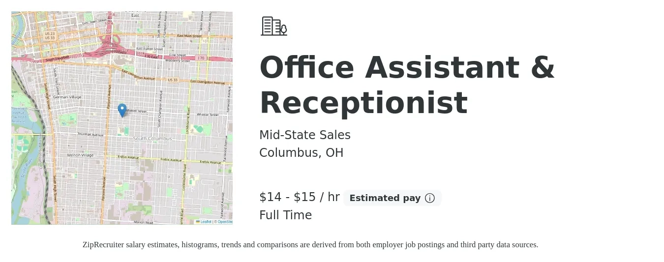 Mid-State Sales job posting for a Office Assistant & Receptionist in Columbus, OH with a salary of $15 to $16 Hourly with a map of Columbus location.