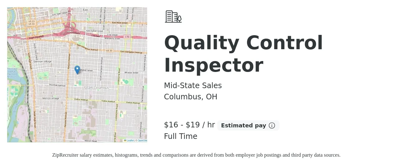 Mid-State Sales job posting for a Quality Control Inspector in Columbus, OH with a salary of $17 to $20 Hourly with a map of Columbus location.