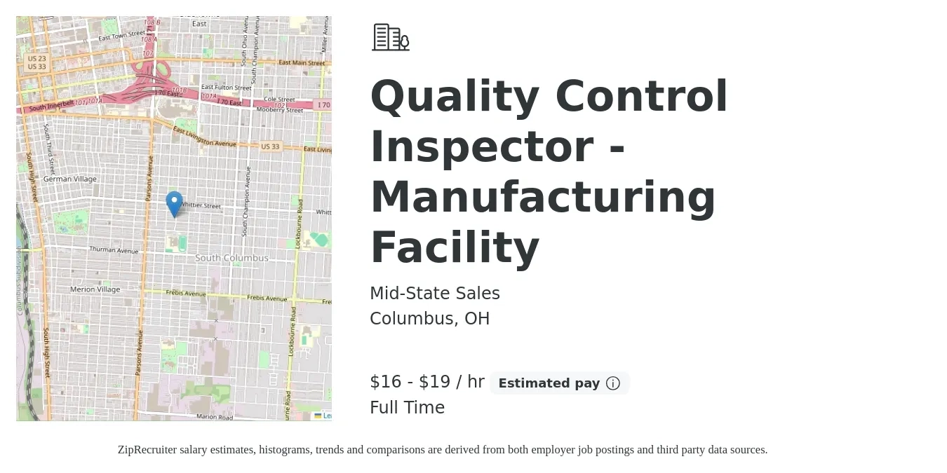 Mid-State Sales job posting for a Quality Control Inspector -Manufacturing Facility in Columbus, OH with a salary of $17 to $20 Hourly with a map of Columbus location.
