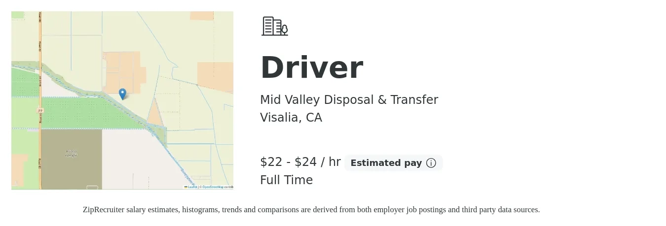 Mid Valley Disposal & Transfer job posting for a Driver in Visalia, CA with a salary of $20 to $25 Hourly with a map of Visalia location.