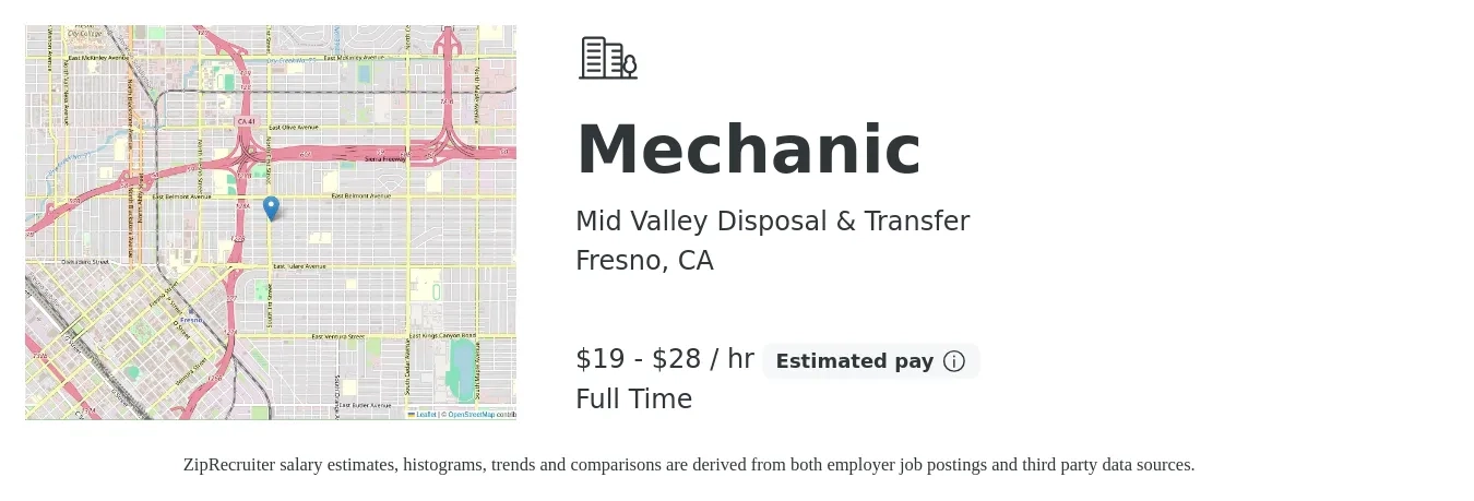 Mid Valley Disposal & Transfer job posting for a Mechanic in Fresno, CA with a salary of $20 to $30 Hourly with a map of Fresno location.