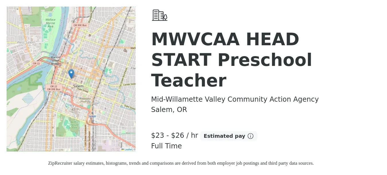 Mid-Willamette Valley Community Action Agency job posting for a MWVCAA HEAD START Preschool Teacher in Salem, OR with a salary of $24 to $27 Hourly with a map of Salem location.