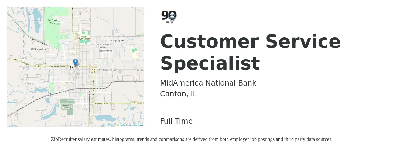 MidAmerica National Bank job posting for a Customer Service Specialist in Canton, IL with a salary of $16 to $22 Hourly with a map of Canton location.