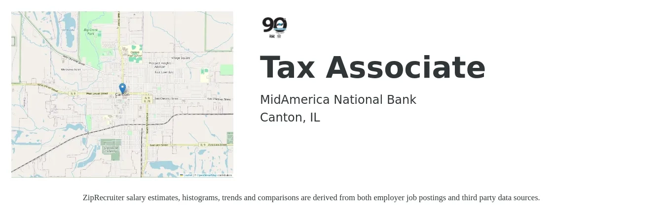 MidAmerica National Bank job posting for a Tax Associate in Canton, IL with a salary of $55,800 to $74,400 Yearly with a map of Canton location.
