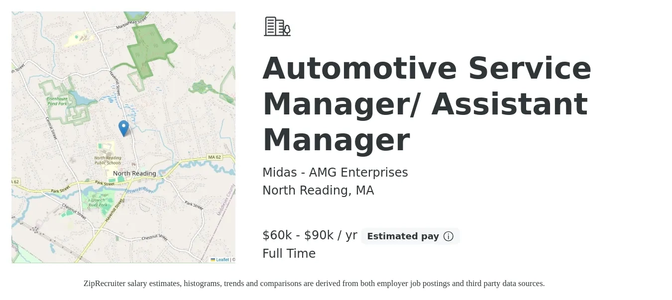 Midas - AMG Enterprises job posting for a Automotive Service Manager/ Assistant Manager in North Reading, MA with a salary of $60,000 to $90,000 Yearly with a map of North Reading location.