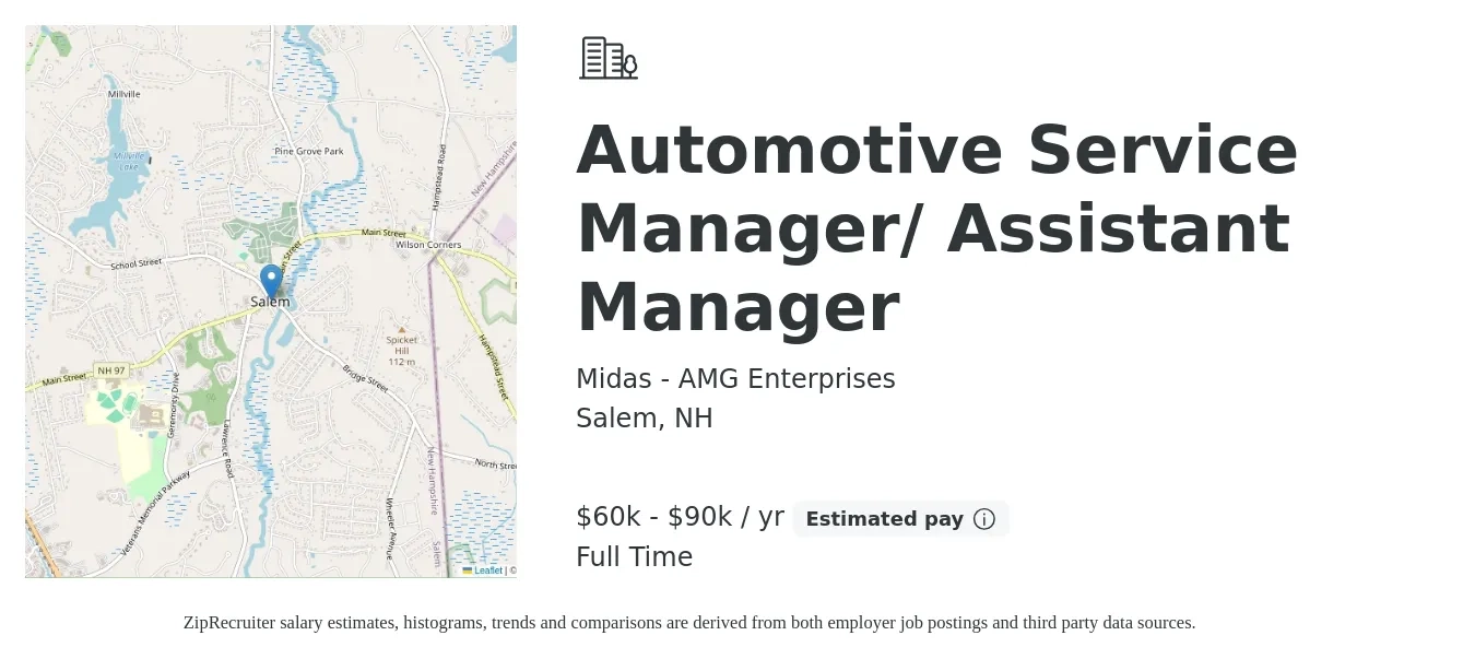 Midas - AMG Enterprises job posting for a Automotive Service Manager/ Assistant Manager in Salem, NH with a salary of $60,000 to $90,000 Yearly with a map of Salem location.