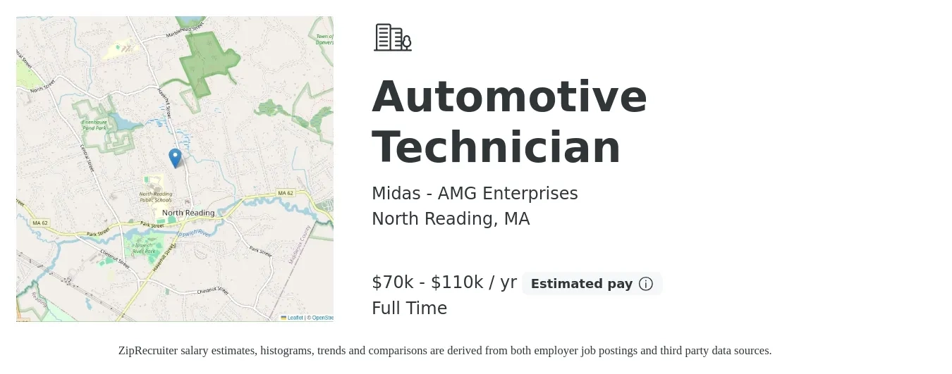 Midas - AMG Enterprises job posting for a Automotive Technician in North Reading, MA with a salary of $70,000 to $110,000 Yearly with a map of North Reading location.
