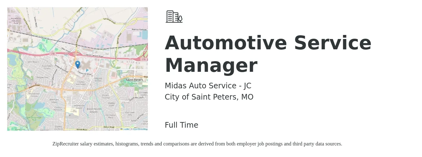 Midas Auto Service - JC job posting for a Automotive Service Manager in City of Saint Peters, MO with a salary of $53,500 to $77,400 Yearly with a map of City of Saint Peters location.