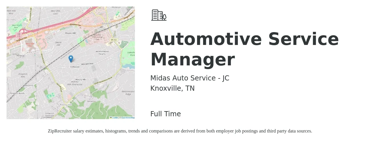 Midas Auto Service - JC job posting for a Automotive Service Manager in Knoxville, TN with a salary of $53,400 to $77,300 Yearly with a map of Knoxville location.