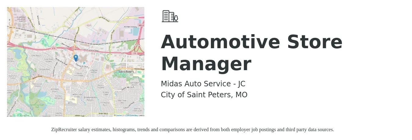 Midas Auto Service - JC job posting for a Automotive Store Manager in City of Saint Peters, MO with a salary of $39,700 to $61,700 Yearly with a map of City of Saint Peters location.