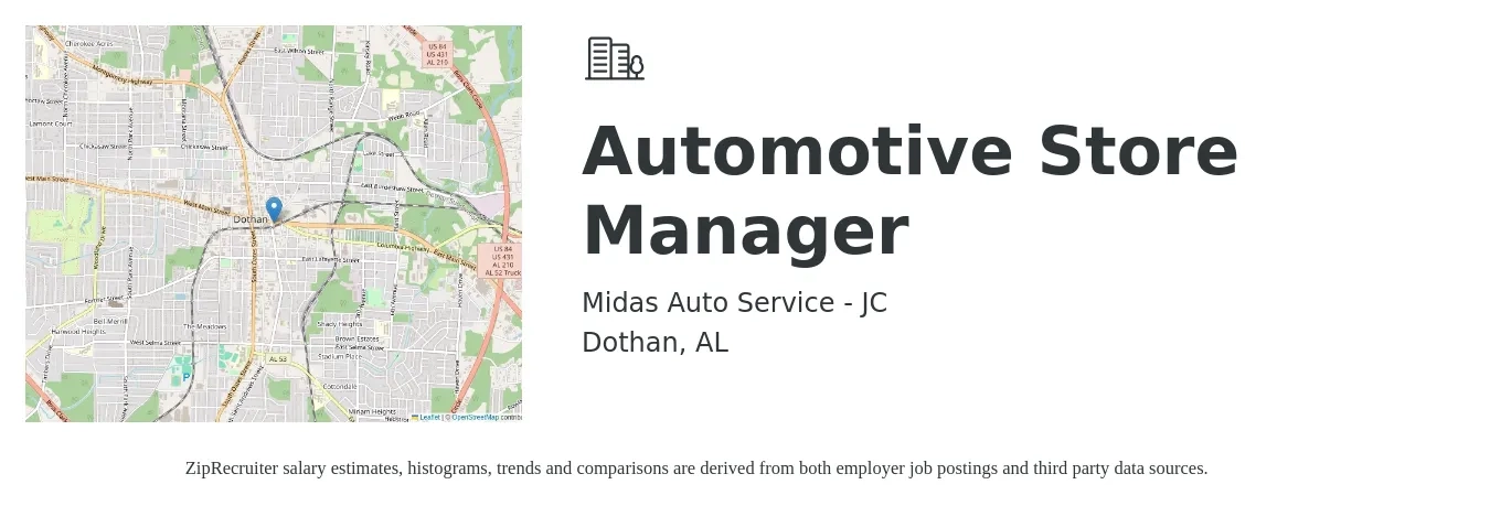 Midas Auto Service - JC job posting for a Automotive Store Manager in Dothan, AL with a salary of $37,700 to $58,600 Yearly with a map of Dothan location.