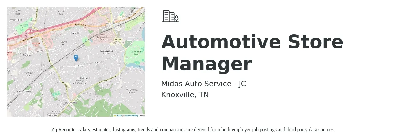 Midas Auto Service - JC job posting for a Automotive Store Manager in Knoxville, TN with a salary of $39,600 to $61,600 Yearly with a map of Knoxville location.