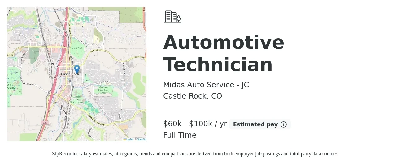 Midas Auto Service - JC job posting for a Automotive Technician in Castle Rock, CO with a salary of $60,000 to $100,000 Yearly with a map of Castle Rock location.