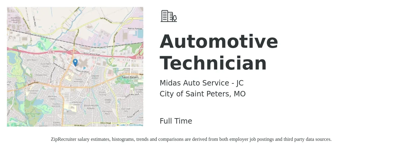 Midas Auto Service - JC job posting for a Automotive Technician in City of Saint Peters, MO with a salary of $21 to $33 Hourly with a map of City of Saint Peters location.